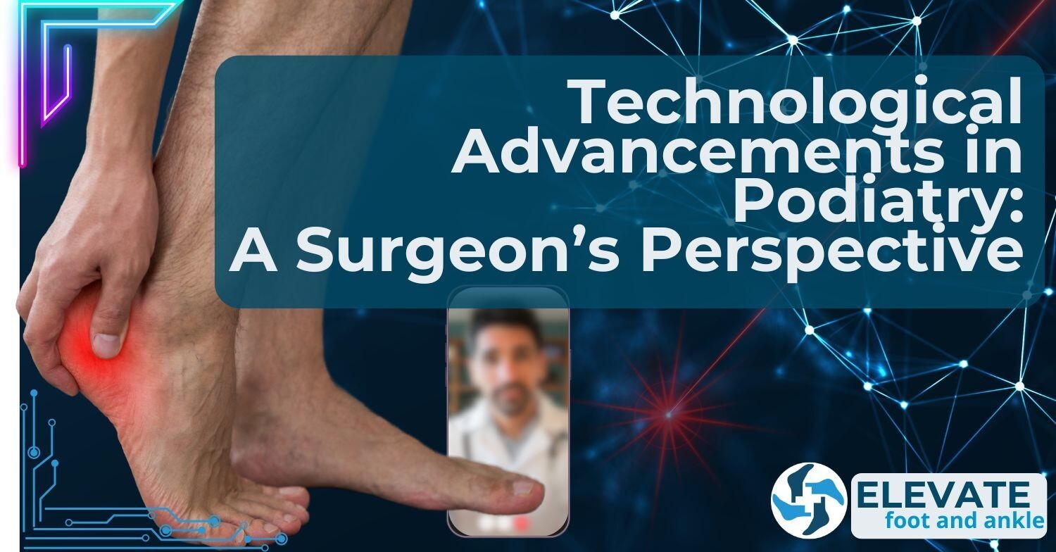 A human foot with a red heel on a blue background with text and a blurred image on a smartphone