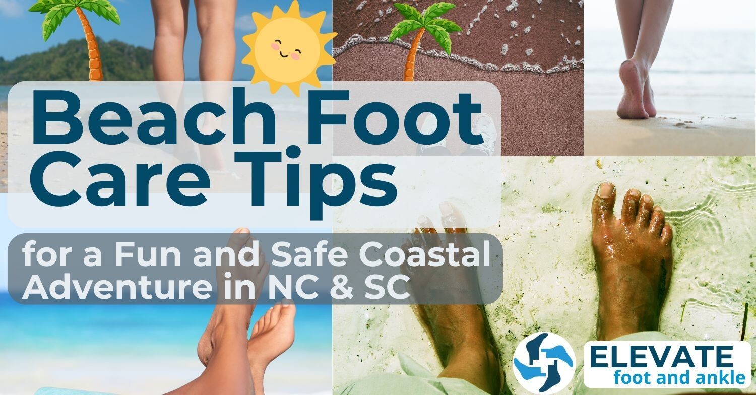 Various images of feet on the beach with text