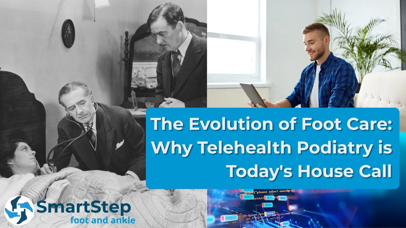 image showing a traditional doctor house call compared to a telemedicine visit with text