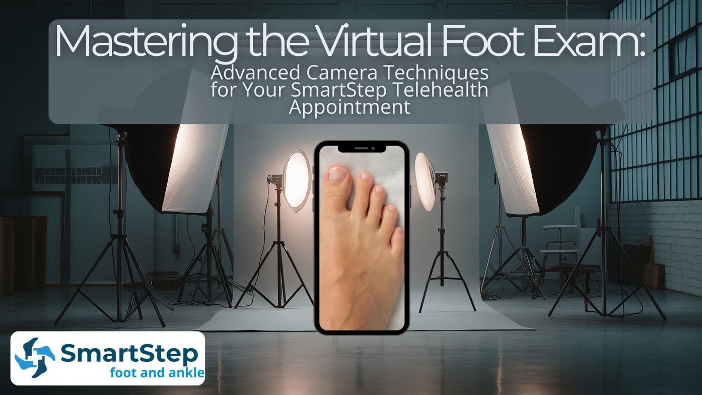Photo of a smartphone displaying a foot in a video studio with studio lighting and text