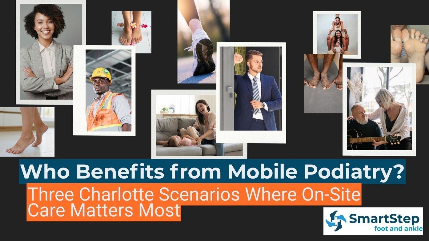 collage of images showing different people who can benefit from onsite podiatry care in charlotte