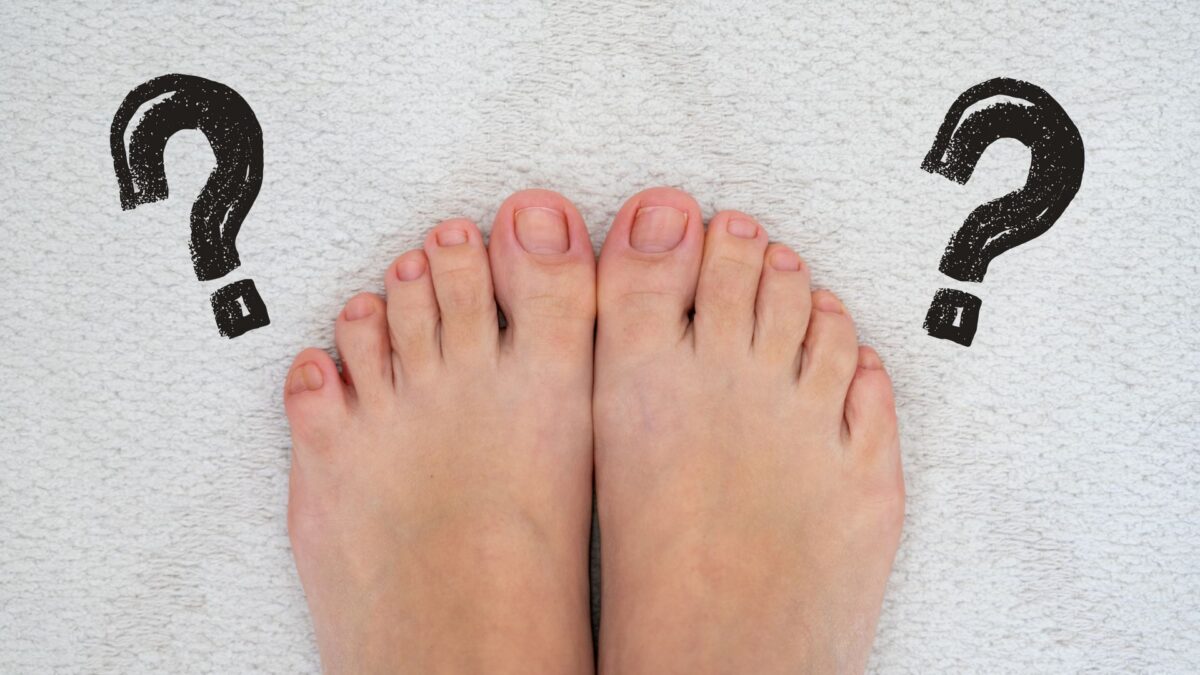 photo of a left foot and a right foot with question marks