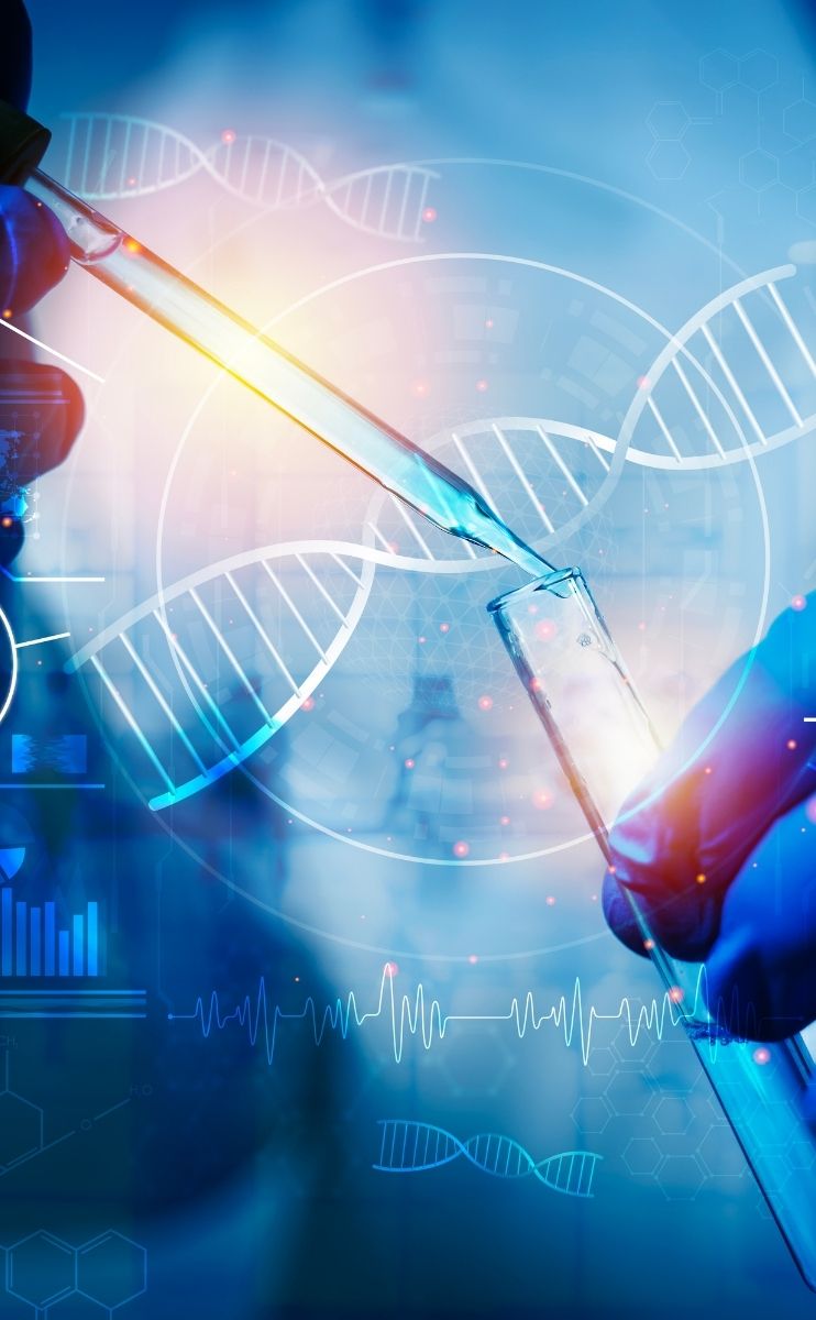 graphic showing a medical researcher handling a test tube and dropper with dna strands on a blue background